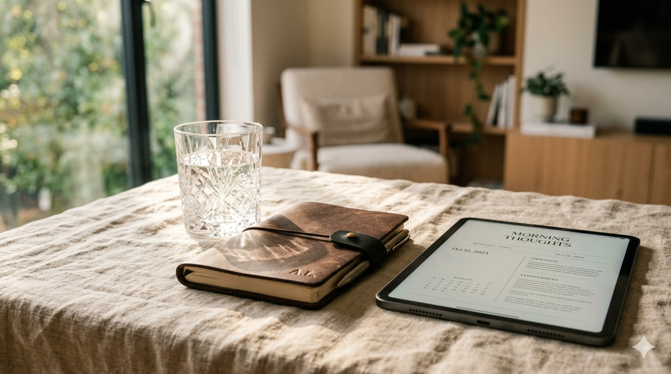 A warm domestic scene — notebook, glass, and tablet on a linen surface
